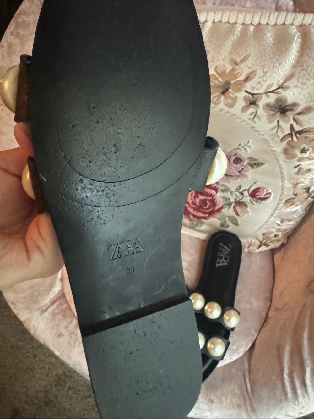 Zara Black Slide Sandals with Oversized Pearl Straps - Picture 2 of 2